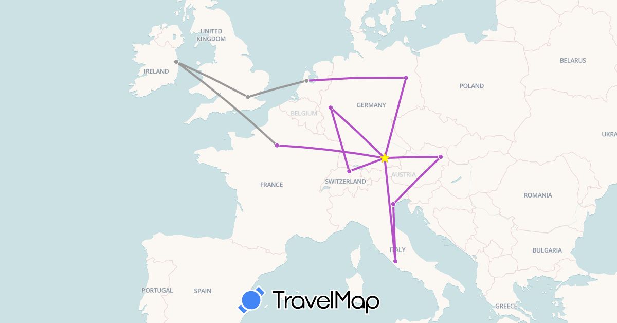 TravelMap itinerary: driving, plane, train in Austria, Switzerland, Germany, France, United Kingdom, Ireland, Italy, Netherlands (Europe)